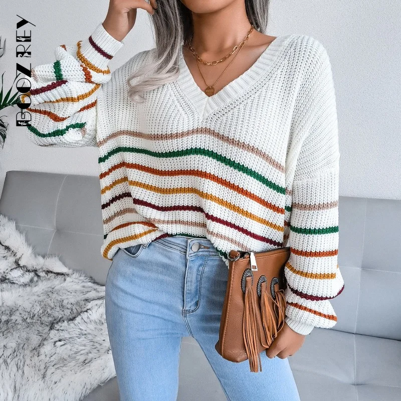 

BoozRey Fall Winter Clothes Women Rainbow Stripes Sweater Casual Loose Long Sleeve Top Korean Fashion Sweaters Tops Clothing