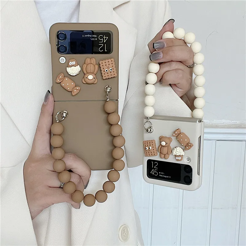 Korea Cute Cartoon 3D Doll Phone Cases For Samsung Galaxy Z Flip 3 Beaded Bracelet Cover Case for Flip3 ZFlip3 ZFlip | Мобильные