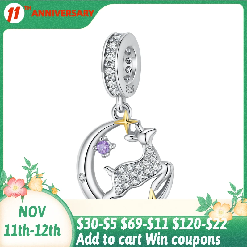 

Christmas Gift 925 Sterling Silver Galloping Elk Pendant Gold CZ Beads Fit Original Charms pandora Bracelet DIY Jewelry