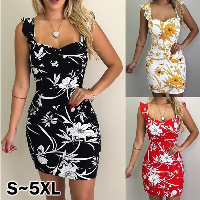 

Summer Sexy Sleeveless Suspender Dress Flower Print Halter Skirt Swing Collar Mid Waist Bag Hip Dress Ladies Clothing