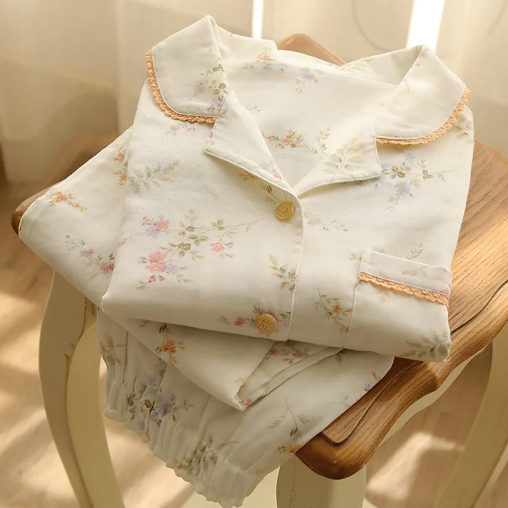 

Fdfklak Japanese Style 100% Cotton Pajamas Women's Long-Sleeved Trousers Nighties Pijama Suit Home Clothes 2Pcs Set Sleepwear