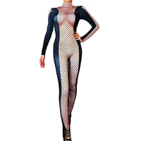 sparkly rhinestones women spandex black plaid jumpsuits skinny stretch bodysuits long sleeve party show performance stage wear