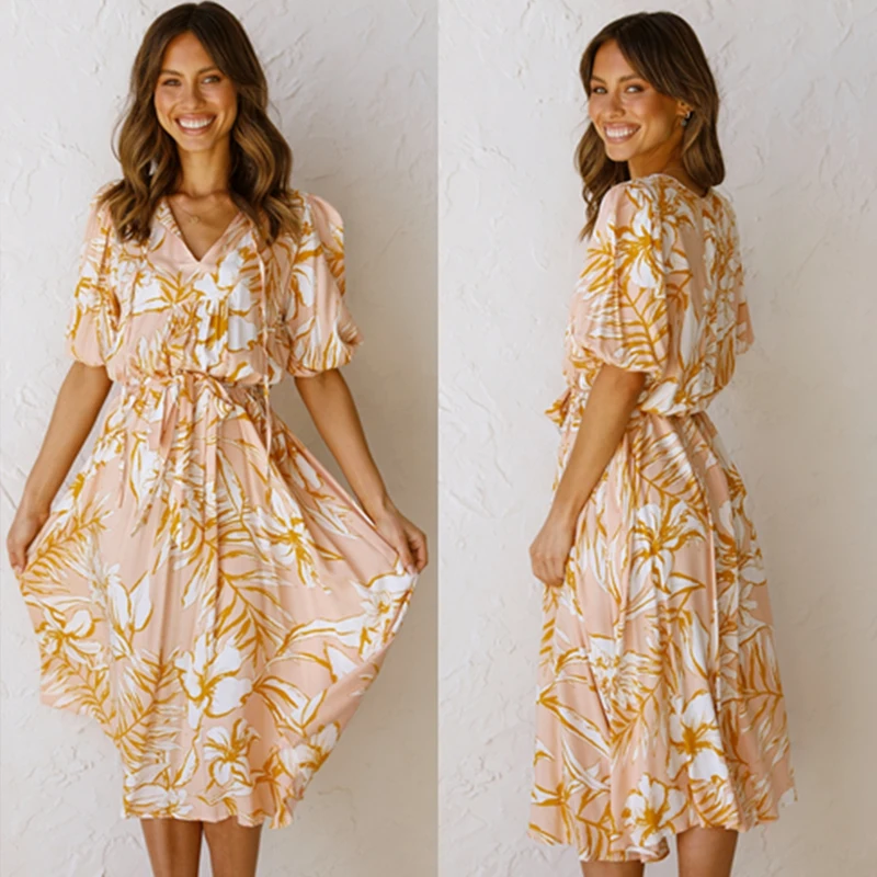 

2022 Autumn/Winter New Style European And American Fashion Wind Wish High Waist Slimming Strap Plant Print V-Neck Dress