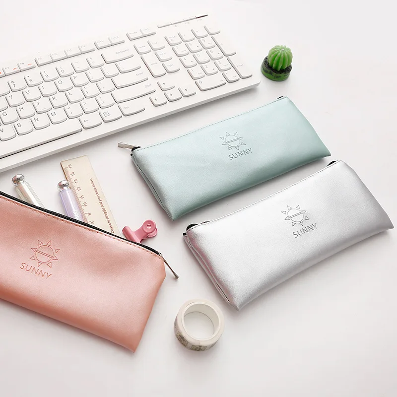 Супер рекомендуемый простой зеленый золотой серебряный розовый кожаный пенал