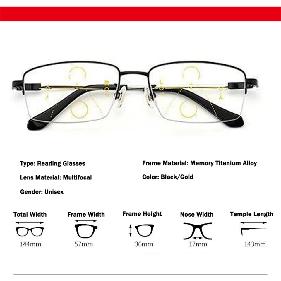 

iboode Titanium Multifocal Progressive Reading Glasses Men Women Anti Blue Light Near Far Sight Alloy Presbyopic Eyewear Diopter