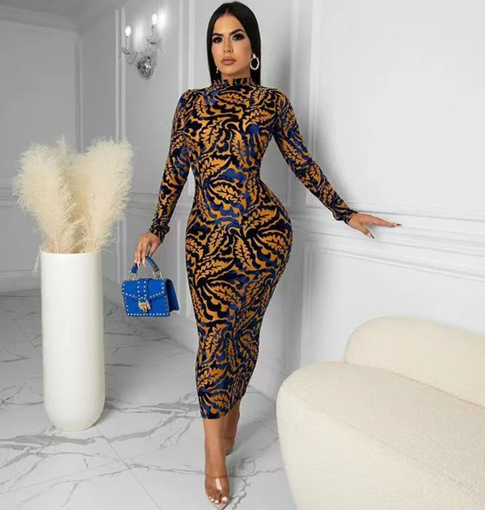 

PLSW Dresses Women O collar Show waist design Dresses Sexy Printed Skinny Long sleeve Women Club party Midi Dress