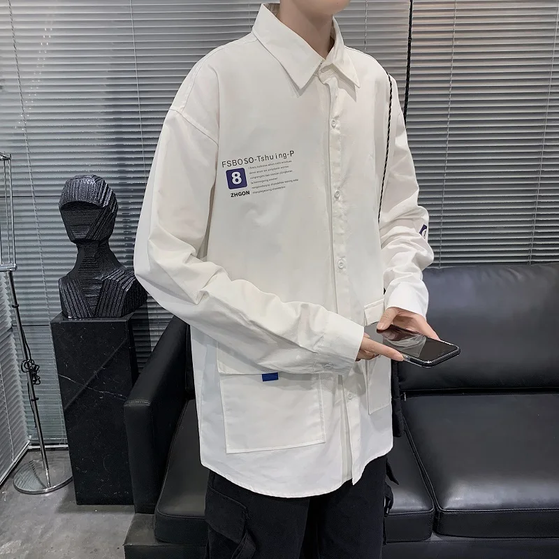 Рубашка мужская с длинным рукавом и буквенным принтом свободного