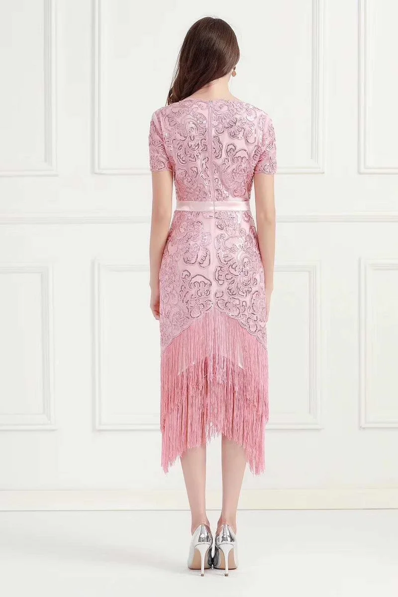 

Sexy Tassel Party Dresses 2021 Summer Women V-Neck Sequined Embroidery Short Sleeve Midi Bodycon Dress Dark Blue Wine Red Pink