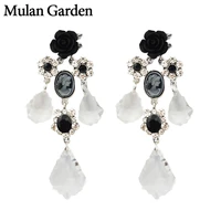 mg zircon black flower gothic earrings women black glass dangle drop earrings vintage jewelry stainless steel needle new gift