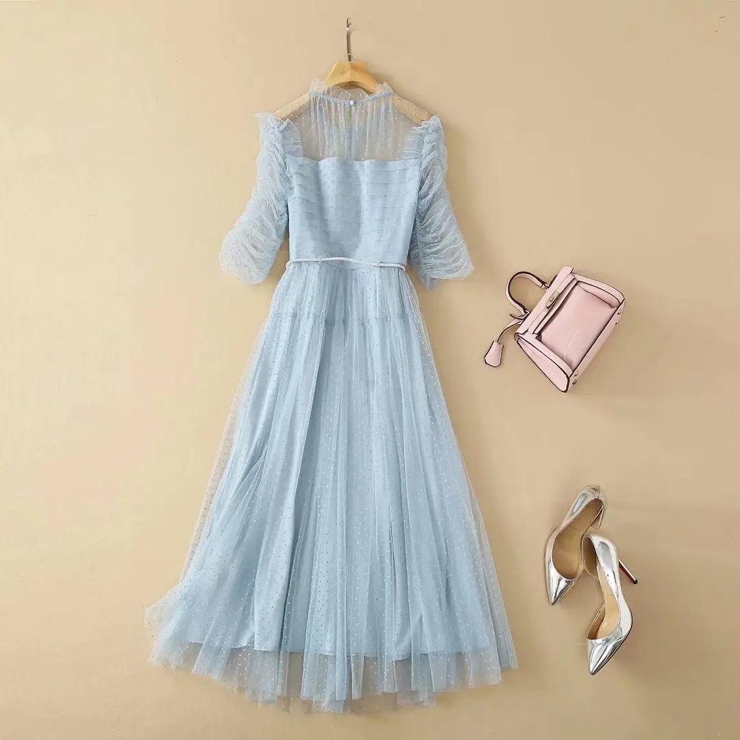 

European Luxury Prom Dress Lady Prespective Sky Blue Lace Belted Party Robe Sexy Lace Festa Vestidos