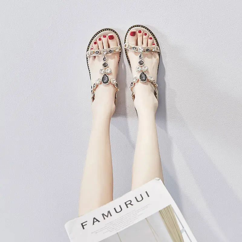 

Богемные сказочные сандалии 2021 летняя новая Корейская версия Стразы универсальная римская обувь на плоской подошве