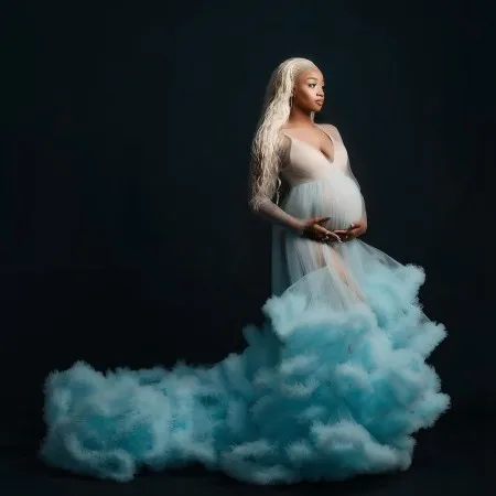 

Sexy Light Sky Blue Tulle Maternity Dresses Long Sleeves Fluffy Ruffles Tiered Custom Made Plus Size Photo Shoot Pregnancy Dress