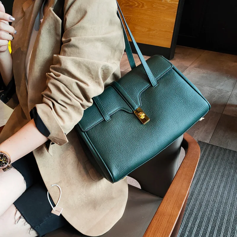 

New Winter Large Long-handle Tote Bag Soft Togo Cowhide Leather Women Handbag Quality A+ Full Grain Cowhide Female Shoulder Bag