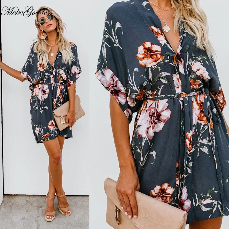 

MokoGoddess V Neck Floral Print Casual Belted Pencil Rompers Women Autumn Streetwear High Waist Multicolor Sleeve Short Rompers