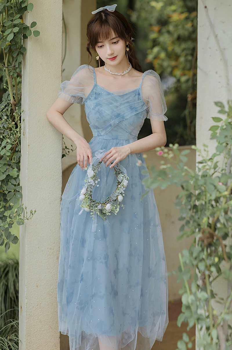 

Summer Light Blue Mesh Fairy Dress For Slim Women Vintage Tie Dye Sequins Puff Sleeve Elegant Romantic Dresses Vestido Festa