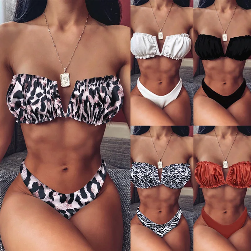 

Sexy V-shaped Bikini Set 2021 Pleated Bandeau Women's Swimwear Wrapped Swimsuit Hollow Out Two Pieces Bathing Suit