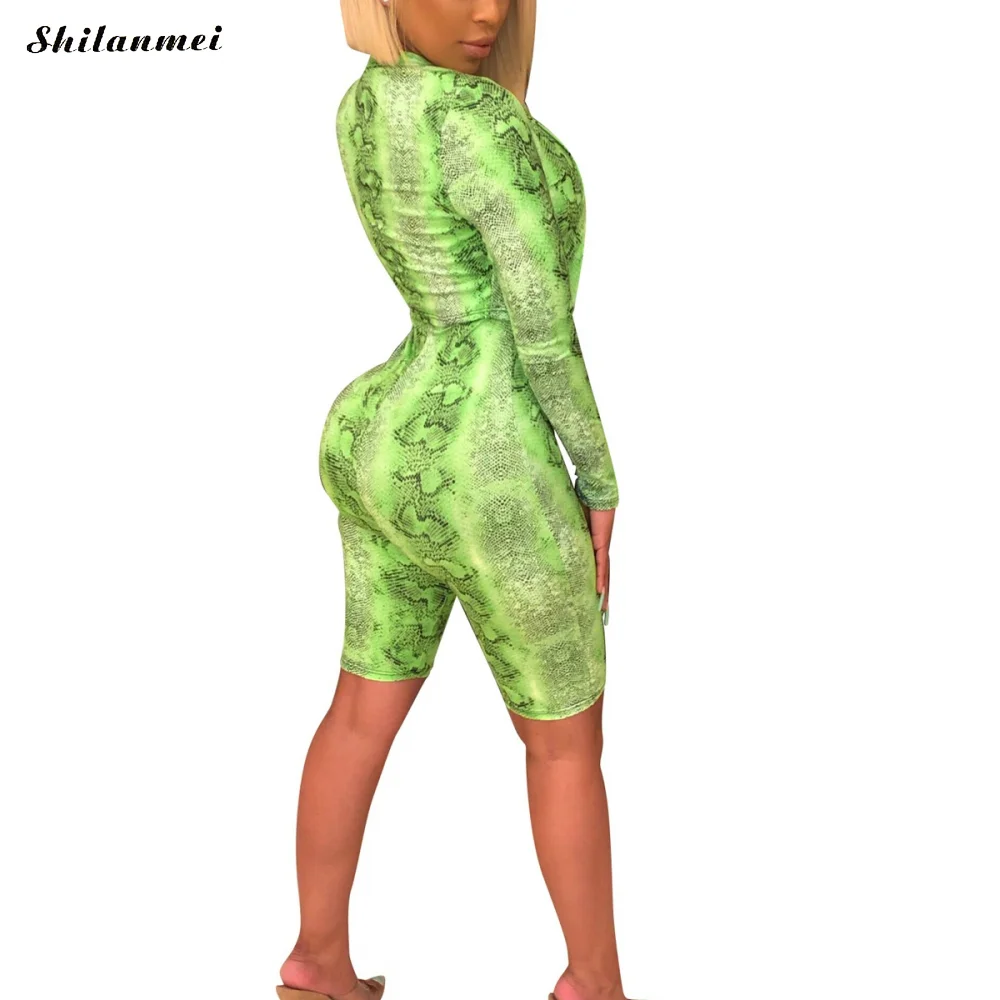 

Women Two Piece Set Night Club Outfits Casual Shinny Coat Bodycon Jumpsuit Snakeskin Printed Short Sexy Jumpsuit Sets Polyester