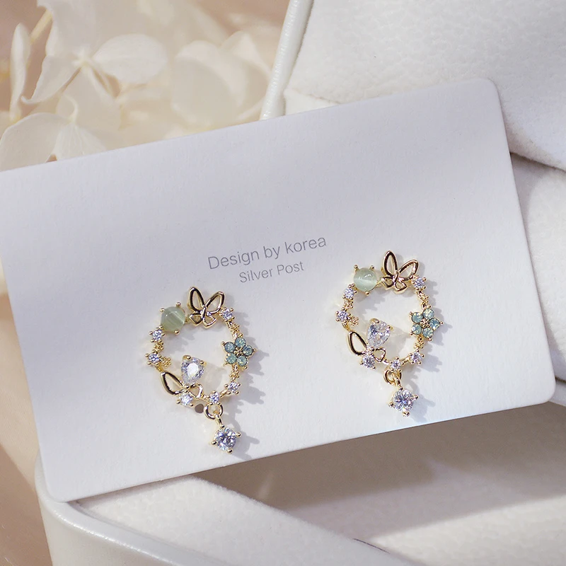 

High Quality 14K Real Gold Butterfly and Garland Earrings for Women Top Designer Luxury Jewelry Zirconia S925 Silver Needle Stud