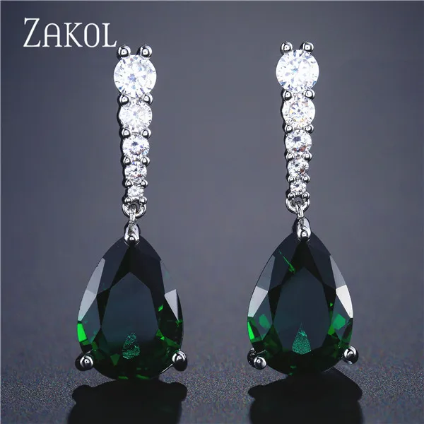 Green ZAKOL Модные женские длинные висячие серьги с цирконием и кристаллами в виде капли воды, серьги с белым камнем, Boho Свадебные ювелирные изделия FSEP2133 - Окраска металла: Green