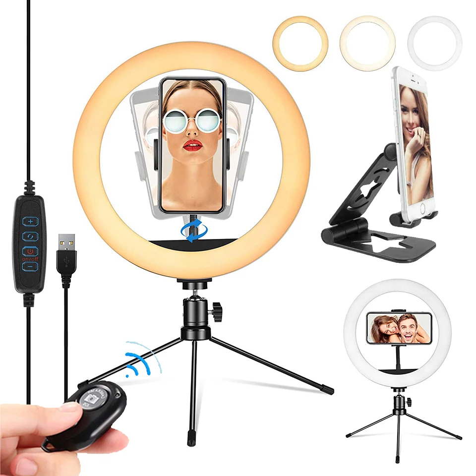 

LED Dimmable Tripod Stand Phone Holder 10" Fill Ring Lamp Selfie Circle Light Photography Ringlight Makeup Live YouTube