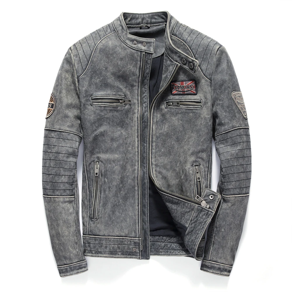 

Мужская винтажная мотоциклетная куртка, черная/коричневая куртка из натуральной воловьей кожи, приталенный силуэт, короткая Байкерская кожаная куртка, 2020