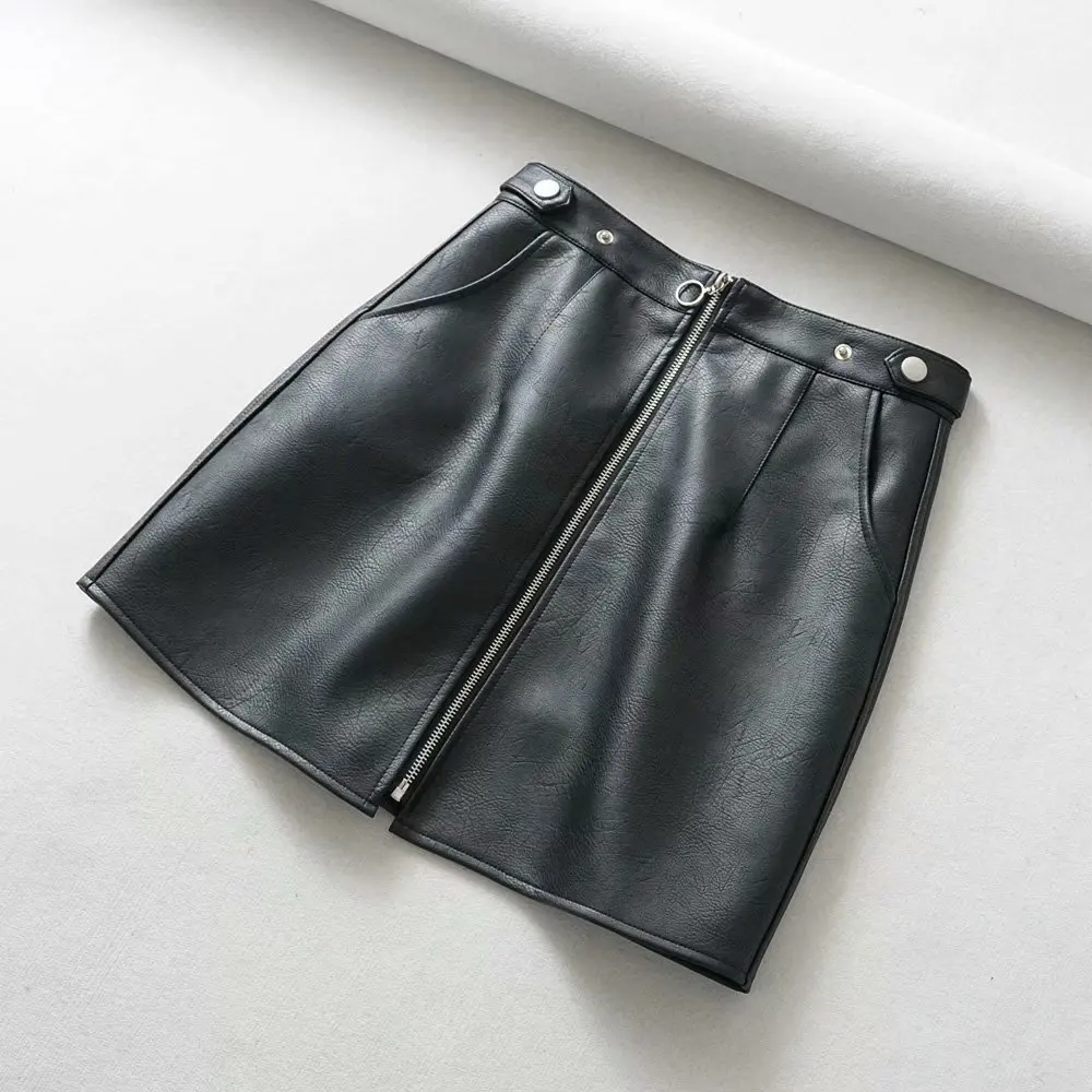 

2021 early spring European and American style women's new French high waist pocket zipper PU leather bag hip skirt leather skirt