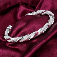 silver braided bangle jewelry 925 sterling silver fashion mesh wide bracelets bangles for women men