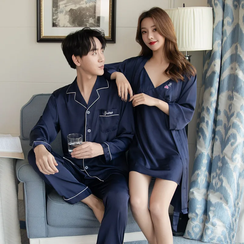 Autumn Men Pajamas Long Sleeve Home Male Pajama Set Ice Silk Loose Lover Couples Pajamas Homewear Men Soft Casual Suit Sleepwear
