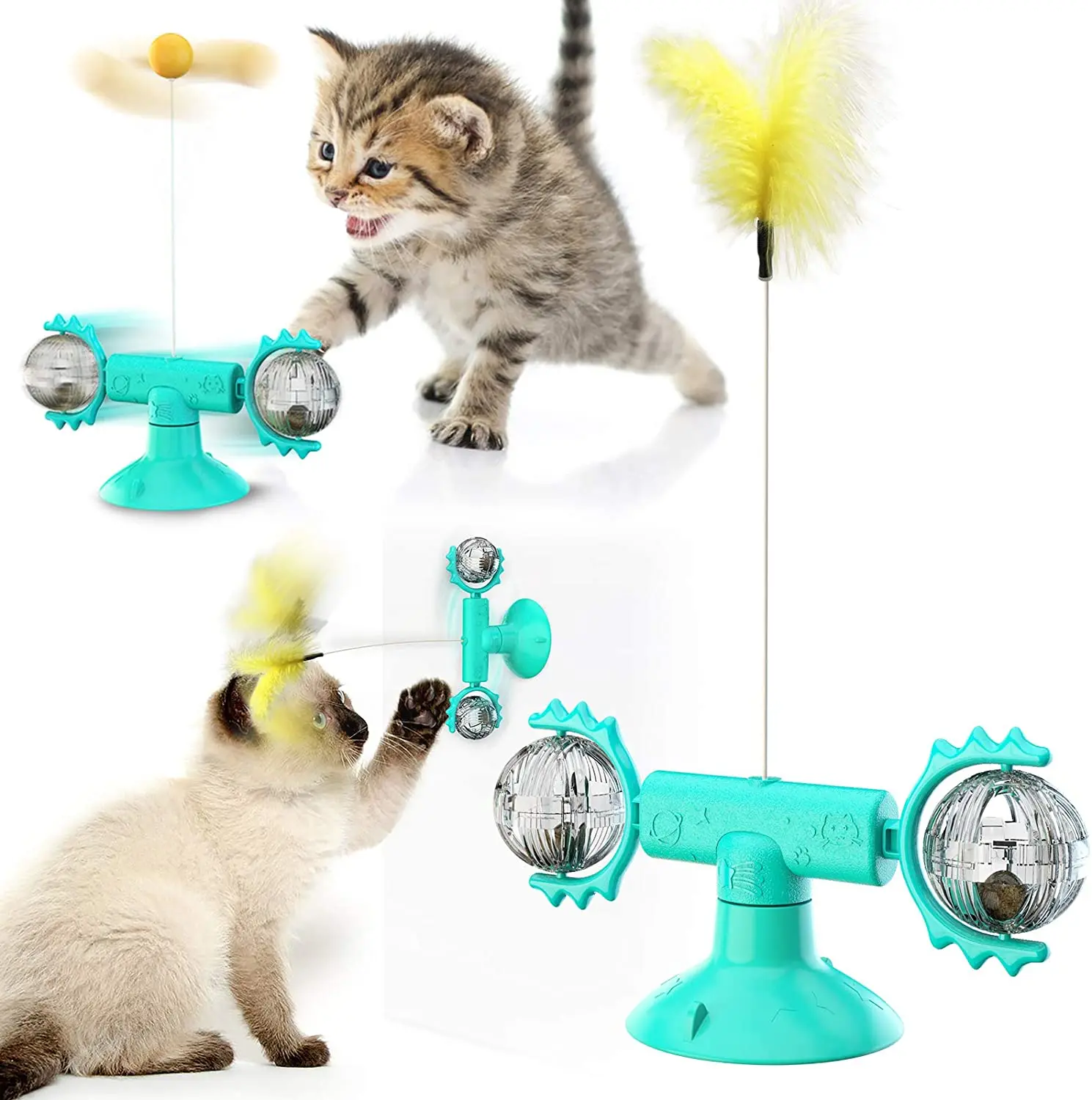 

Cat Toys Killing Times Interactive Feather with Teasing Stick Turntable Windmill Self-Playing Catnip Ball