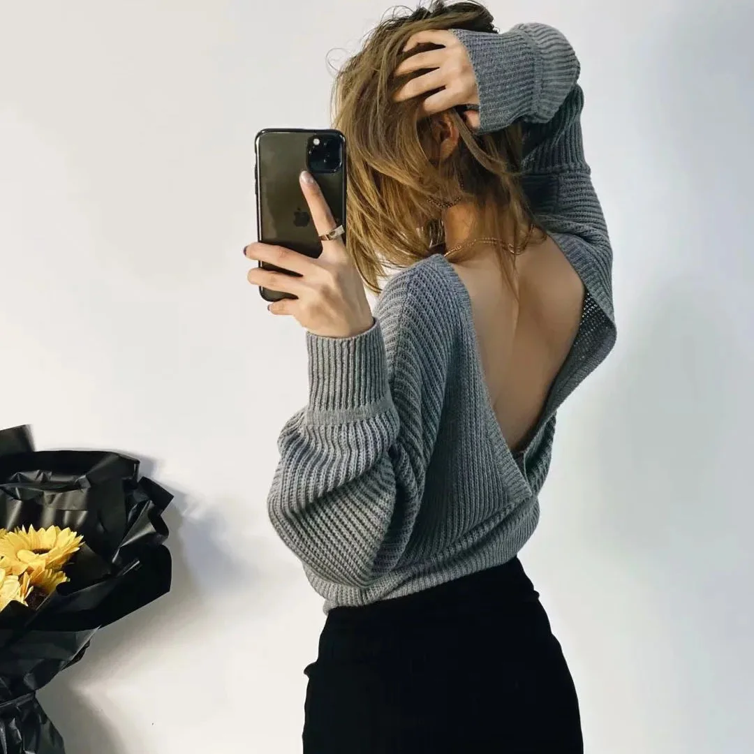 

BoozRay Two-sided V-neck Large Open Back Knitted Sweater Korean Fashion Sexy Pullover Solid Color Sweater Women Clothing