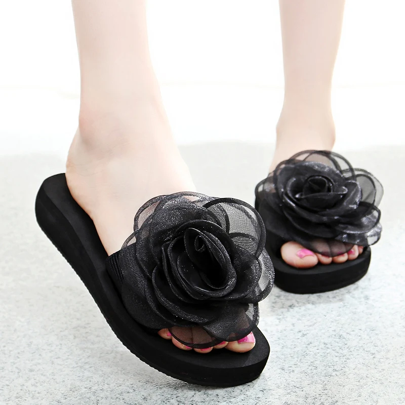 Chiffon Flower Home Slippers Women Indoor Shoes Woman Shoes Elegant Lightness Non-slip Flip Flops