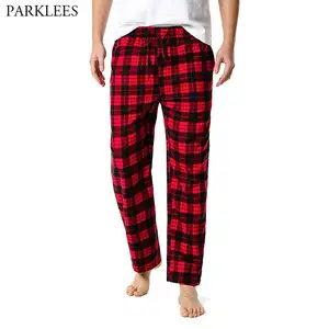 Imported Red Black Plaid Pajama Pants Men Lounging Relaxed House PJs Sleep Bottoms Mens Flannel Cotton Drawst