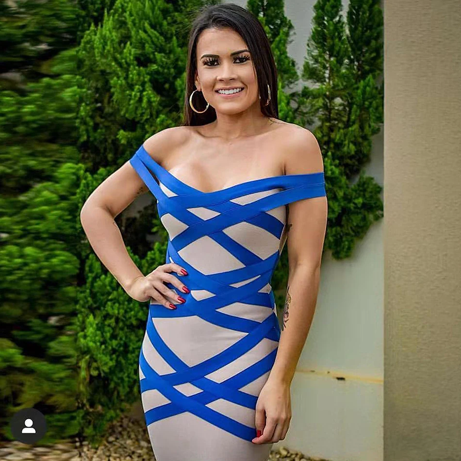 2020 Summer New Fashion Elegant Bodycon Bandage Dress Blue Match Beige Sexy Off-Shoulder Celebrity Party Vestidos Wholesale | Женская