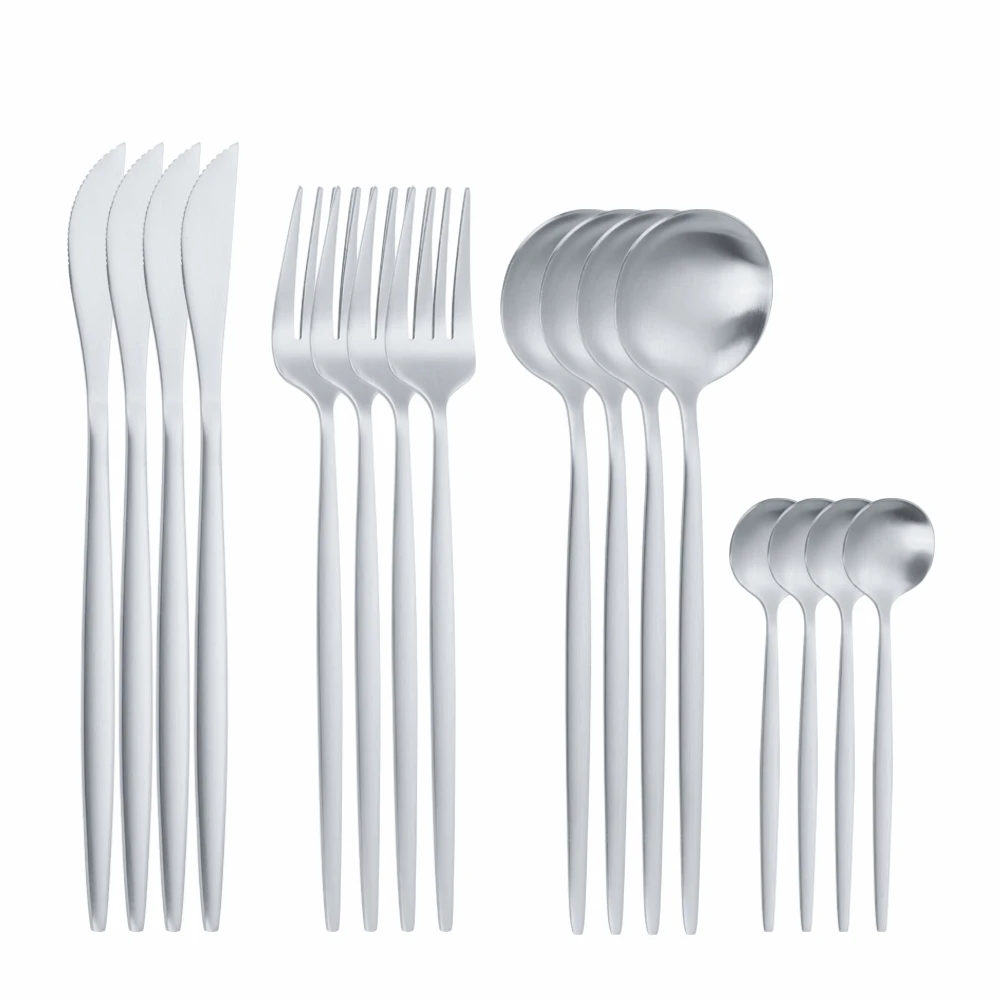 

16Pcs Matte Silver Stainless Steel Cutlery Tableware Set Dinnerware Flatware Set Home Forks Knives Spoons Set Wedding Silverware