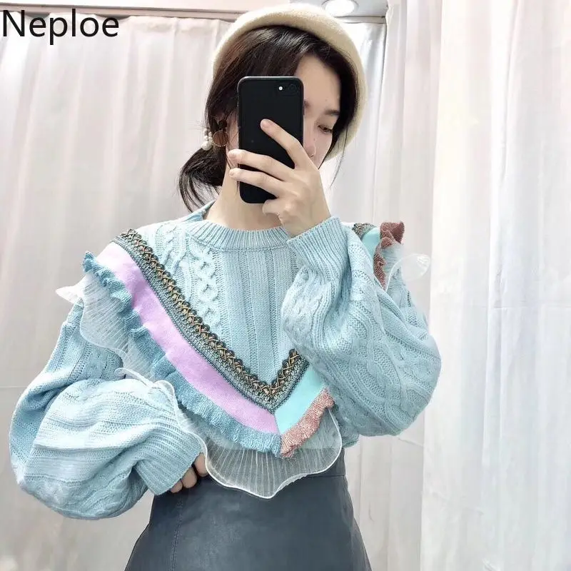 Neploe Nation стиль вышивка вязаный свитер для женщин нитки твист кружева лоскутное