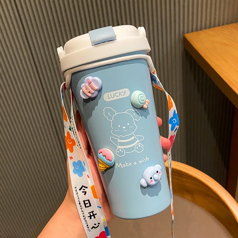 

Vacuum Flasks Water Bottle Straw Cup Stickers Summer Cold Insulation Hot Coffee Cups Cute 500ml Portable Travel To go Drinkware