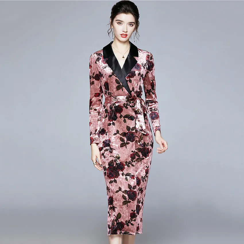 

Женское бархатное платье с длинным рукавом, дизайнерское модельное облегающее платье миди с цветочным принтом роз, офисное платье с вырезо...