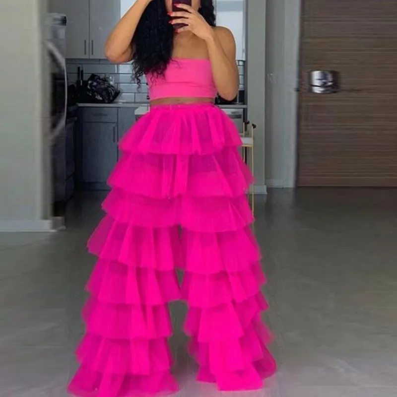 

2020 Fuchsia Tulle Pants Layered Formal Jupe courte Tiered Tulle Long Evening Dresses High Waist Layered Tulle Pants Custom Made