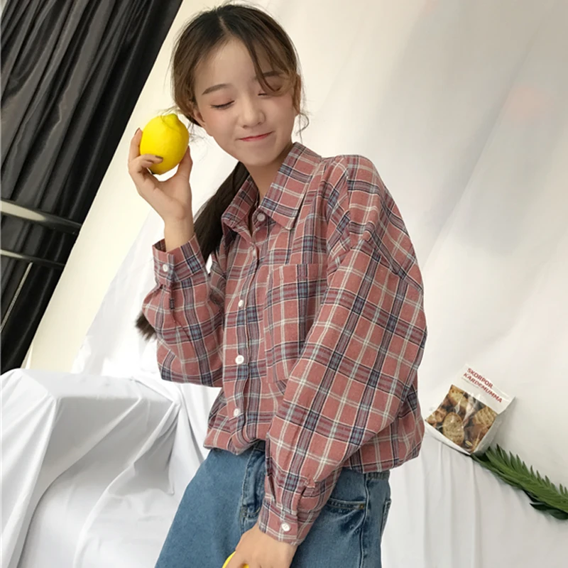 Женская клетчатая блузка с карманами универсальная Свободная рубашка в