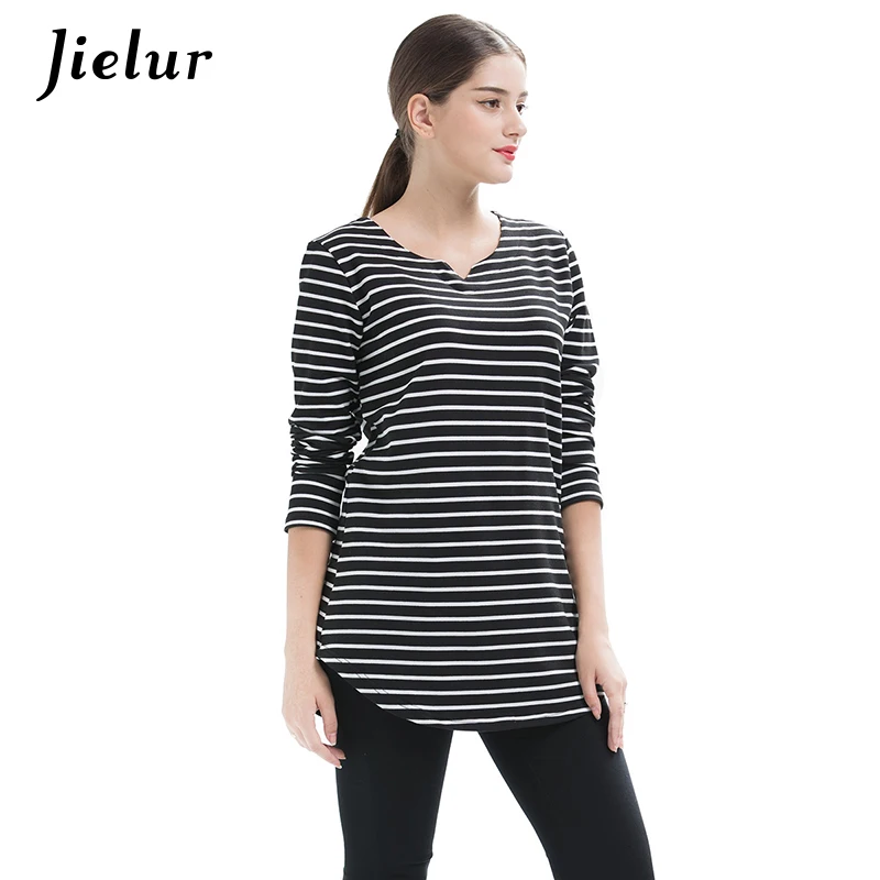 Jielur 2021 Spring Plus Size Black Red Long-sleeved Women's T-shirts Striped V-neck Simple Girl T-shirt Fashion Loose Tops S-4XL | Женская