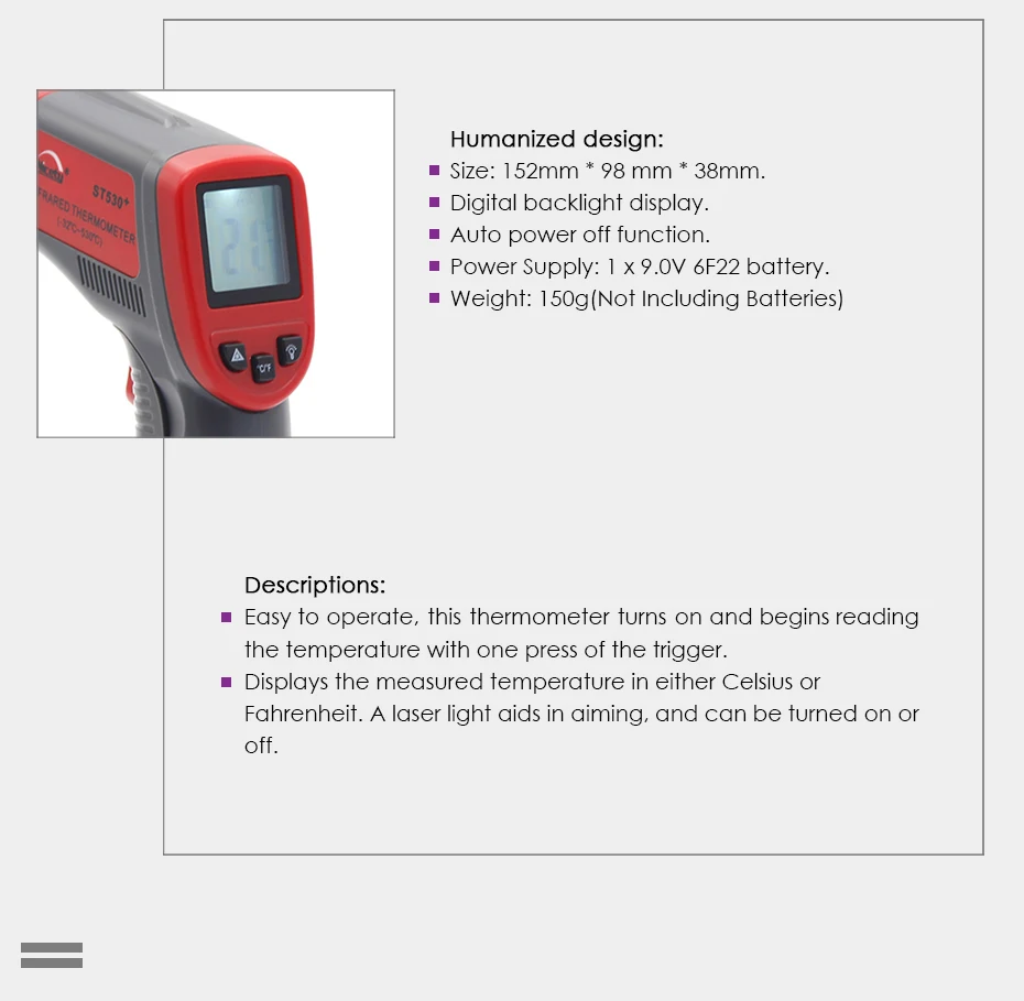 Приятный ST530+ цифровой инфракрасный термометр для приготовления пищи-32C~+ 550C(-25.6F~+ 986F) излучательная способность 0,95 12:1 гр
