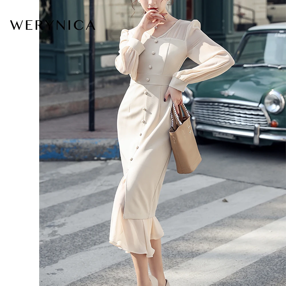 Платье миди Плиссированное однотонное с V образным вырезом и длинным