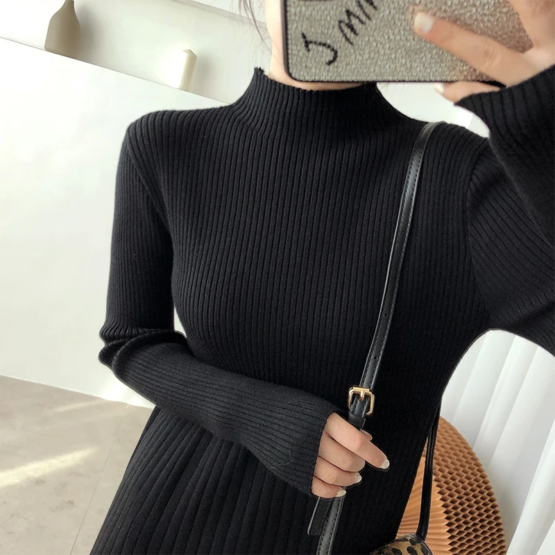 

Elegant Warm Half Turtleneck Ladies A-line Sweater Dress Full Sleeve Slim Waist Women Knitted Mid-Calf Vestidos Autumn Winter