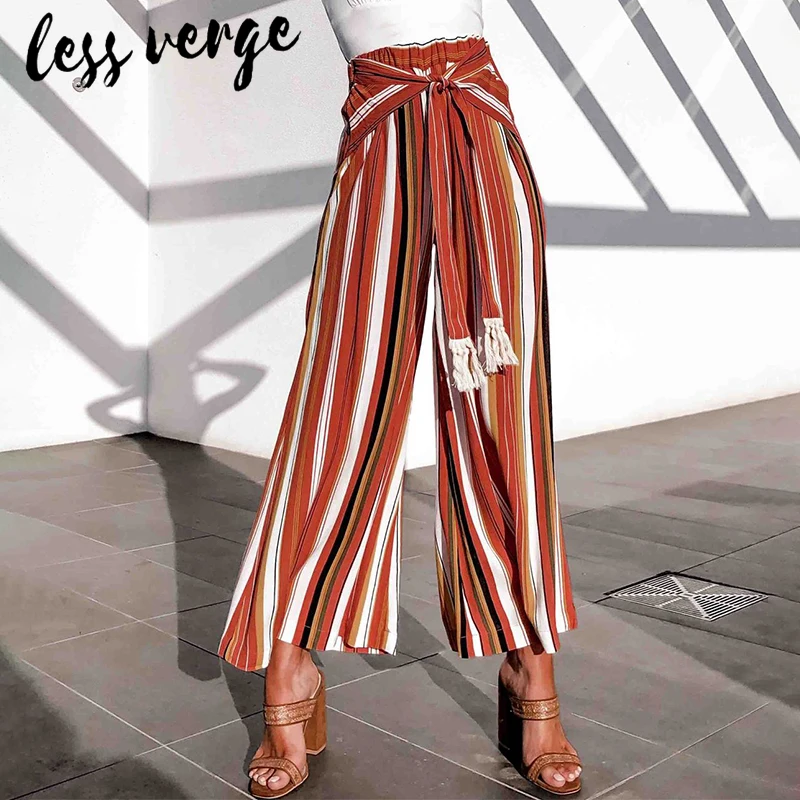 Широкие брюки в полоску для женщин высокая талия пояс с кисточками повседневные