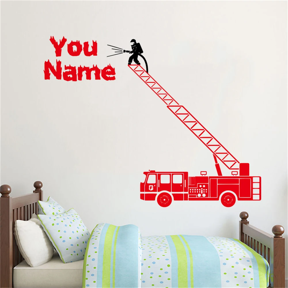 Stickers Personalised Name Fire Engine Truck Turntable Ladder Wall Decals Vinyl Home Decor Playroom Firefighter Murals HJ0808