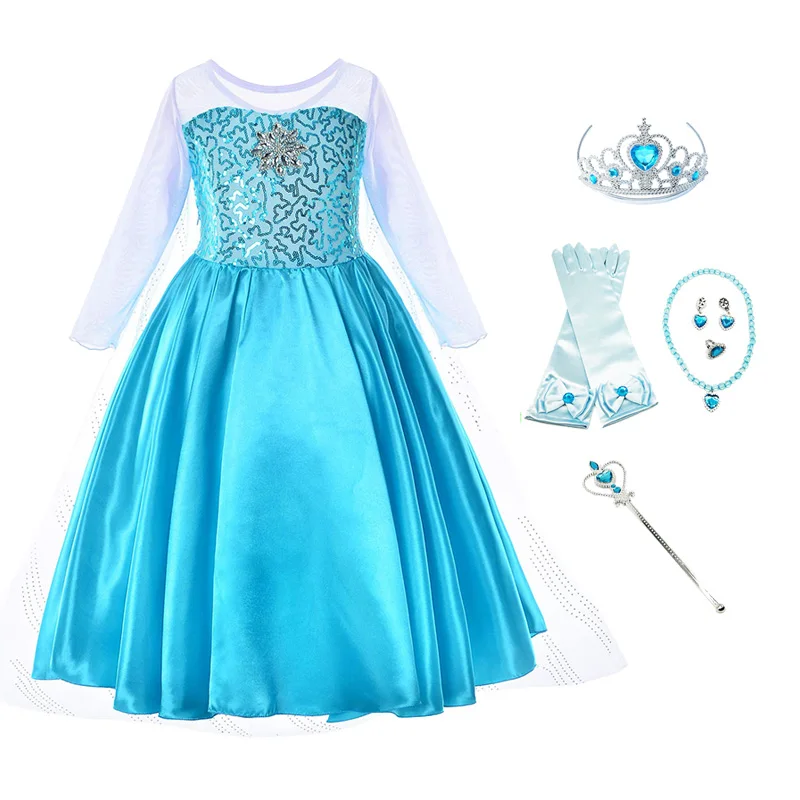 Dress and S02 Комплект для девочек с принтом Эльзы, платье принцессы для детей с украшением в виде кристаллов декоративный костюм детей Снежная королева 2 с изображением принцессы Эльзы детское рождественское День рождения Платье для косплея - Цвет: Dress and S02