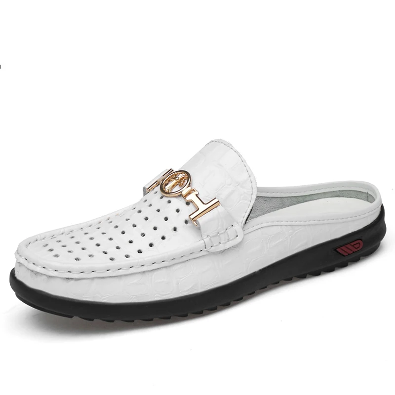 

Brand Men Half Loafers High Quality Slip-on Slippers Breathable Mules Non-slip Flat Shoes Lightweight Buckle Half Shoes
