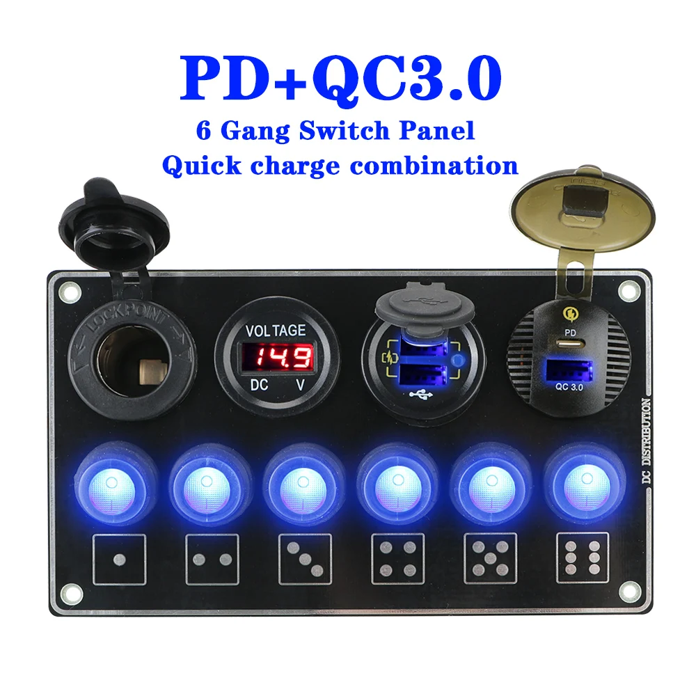 Автомобильные аксессуары 6 Gang светодиодный Напряжение Дисплей PD USB