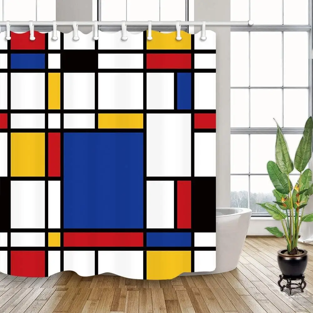 

Abstract Geometric Pattern Shower Curtains White Red Blue Yellow Black Lines Polyester Fabric Bathroom Decor Bath Curtain Hooks