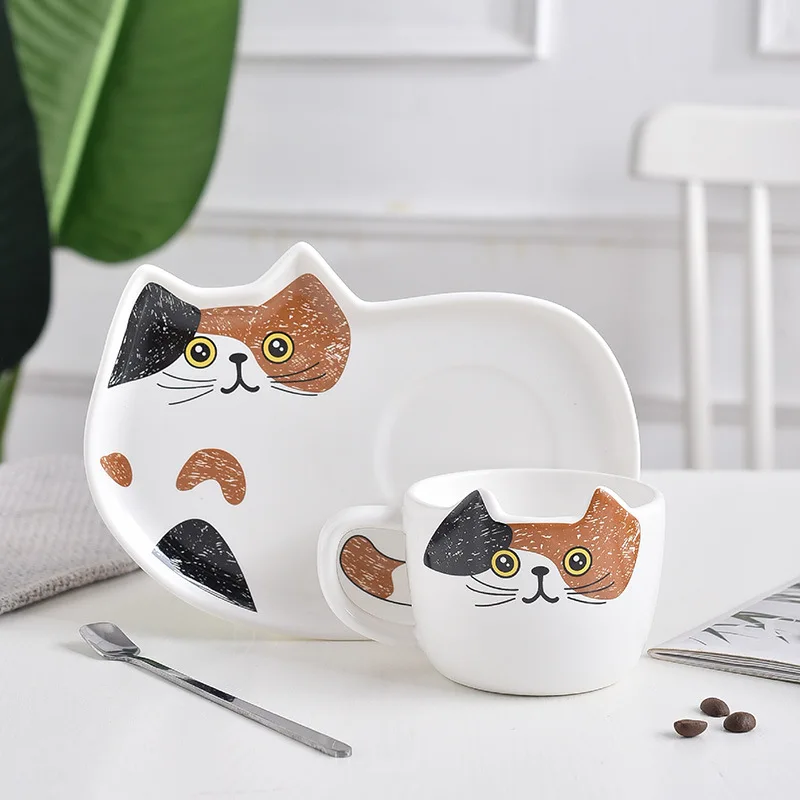 

Cute Cat Ceramics Coffee Mug Set Handgrip Animal Mugs with Tray Creative Drinkware Coffee Tea Cups Novelty Milk Cup Breakfast